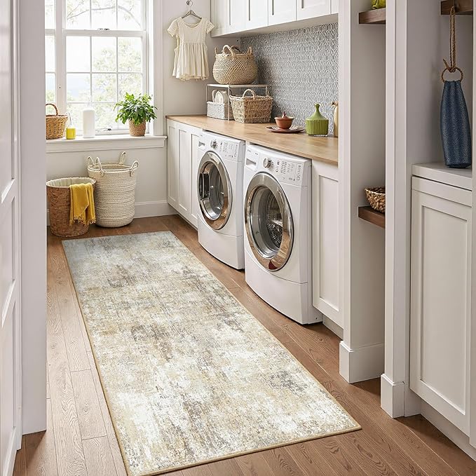 RELEANY Washable Area Rugs 2'x6' Non-Slip Modern Abstract Soft for Living Room Entryway Bedroom Nursery, Print Pattern, Neutral Brown Gray