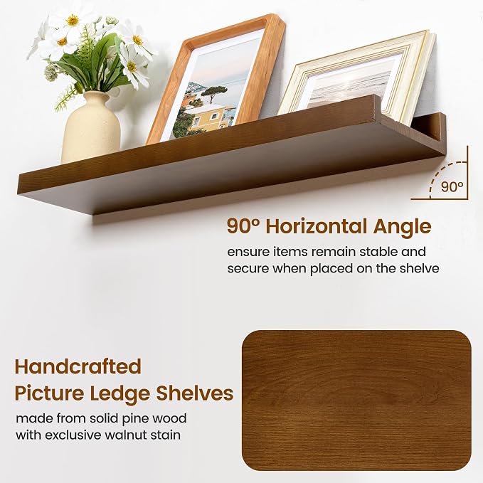 FLYJOE Picture Ledge Wall Shelves - Set of 3, 56 inches Width, Solid Pine Wood Rustic Floating Ledge Shelves for Kids' Room, Bedroom, Kitchen, Bathroom, Walnut