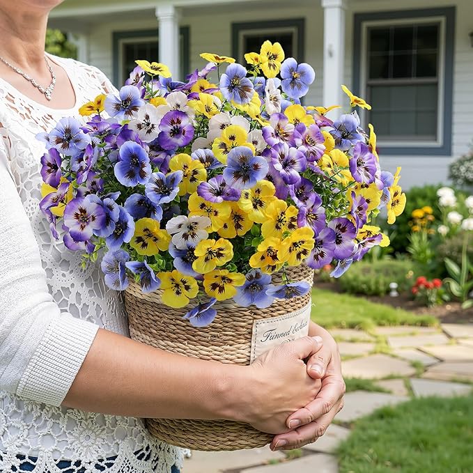 Alupssuc 24 Bundles Artificial Flowers for Outdoors, Fake Spring Flowers for Decoration, UV Resistant Realistic Pansies with Eucalyptus Silk Faux Flowers for Porch Patio Yard, 4 Mix Colors