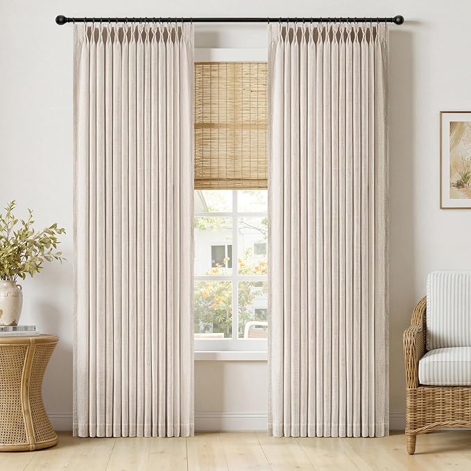 MIULEE Pinch Pleated Thick Linen Curtains 90 Inches Long 2 Panels for Living Room Bedroom, Linen Textured Memory Trained Pleat Drapes Back Tab Light Filtering Cream Ivory Window Curtains with Hooks