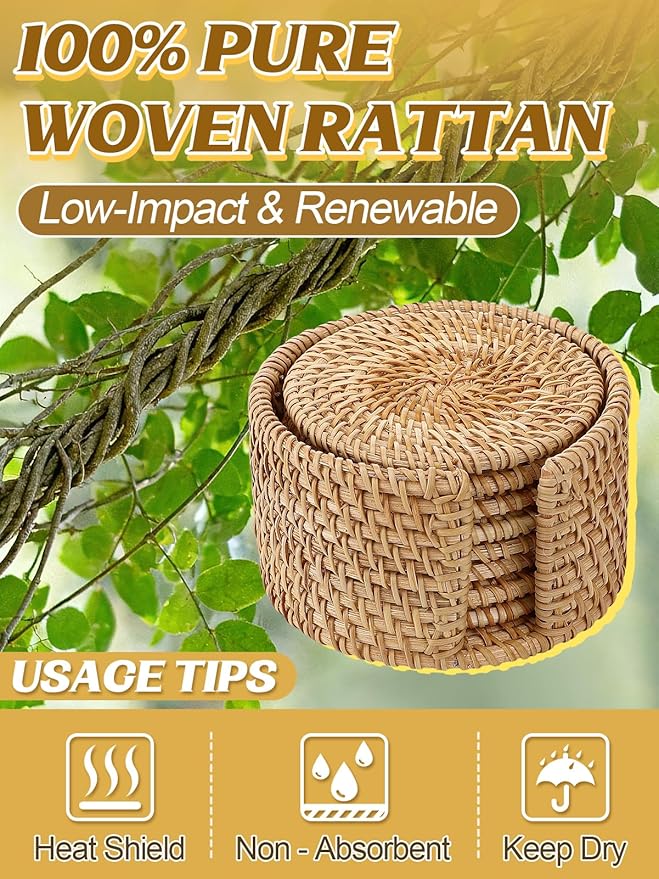 8pcs Natural Handmade Rattan Coasters with Holder - Wicker Drink Coasters Set for Protecting Table, Housewarming Gifts Boho Fall Home Coastal Decor