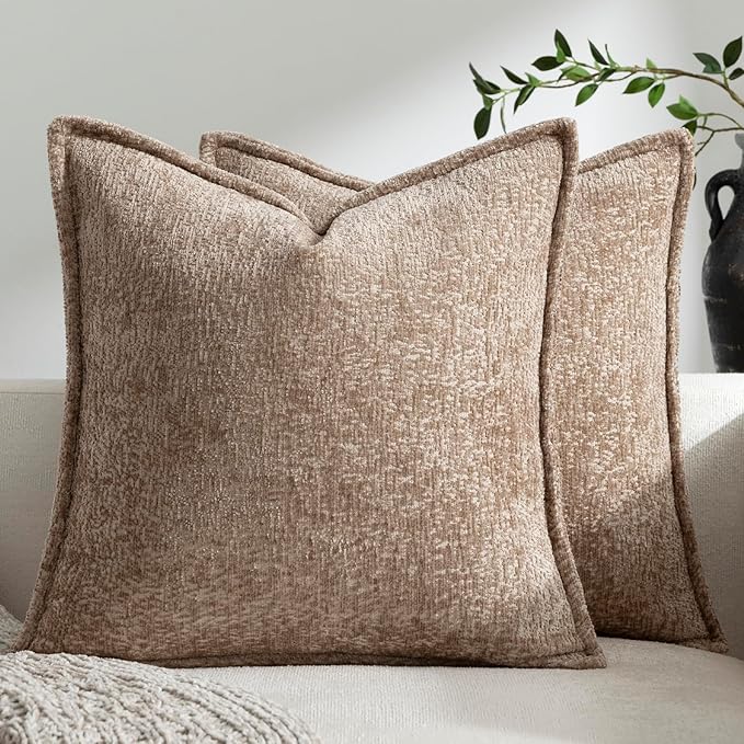 DEZENE Pack of 2 Khaki Decorative Throw Pillow Covers 20x20 Cozy Soft Chenille Accent Vintage Square Couch Pillow Covers for Home Decor Bed Sofa Living Room