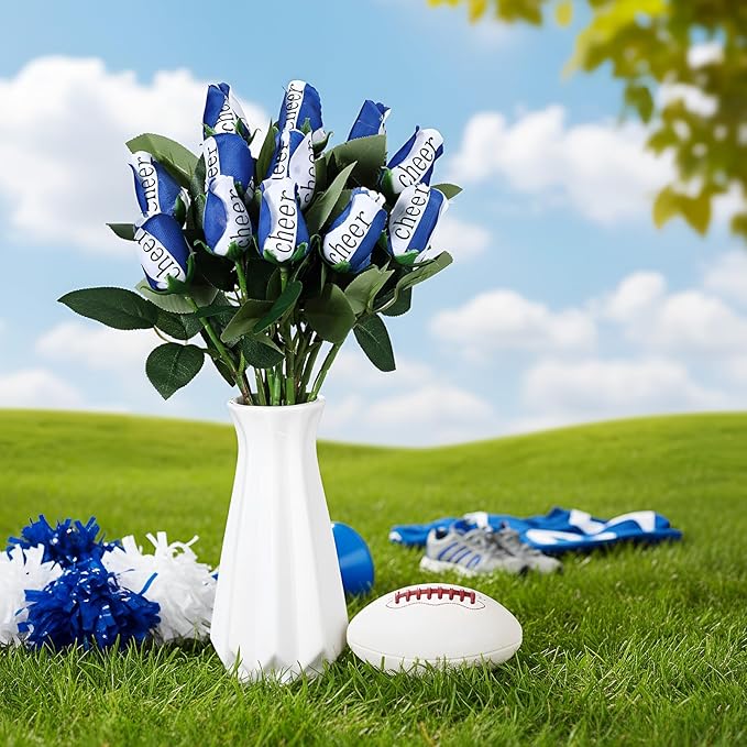 Suhine 12 Pcs Blue Cheer Gifts Cheerleader Cheerleading Artificial Rose Flowers Gifts Bulk for Women Cheer Team Sport Game Day Birthday Graduation Party Decorations Favors(Blue White, Normal)