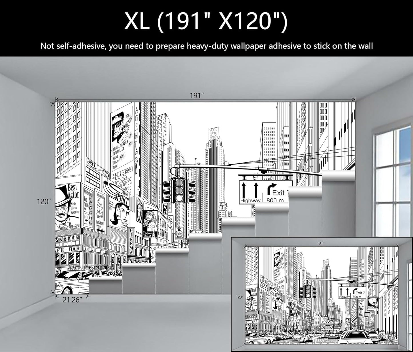 WFBHUA-Black and White New York City Wallpaper Hand Painted Times Square Wall Mural Decoration for Living Room Bedroom Offices(Not Peel and Stick)