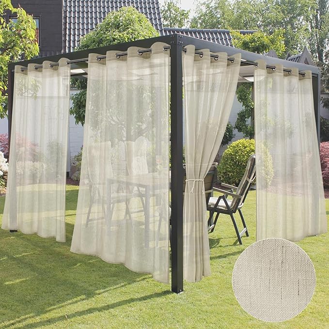 HolidayIdeas 4 Panels Outdoor Sheer Curtains for Patio Waterproof-Natural Linen Semi Voile Indoor Sheer Curtains, Light Filtering Privacy Drapes for Living Room, Gazebo, Porch, Balcony, Pool 54"x84"