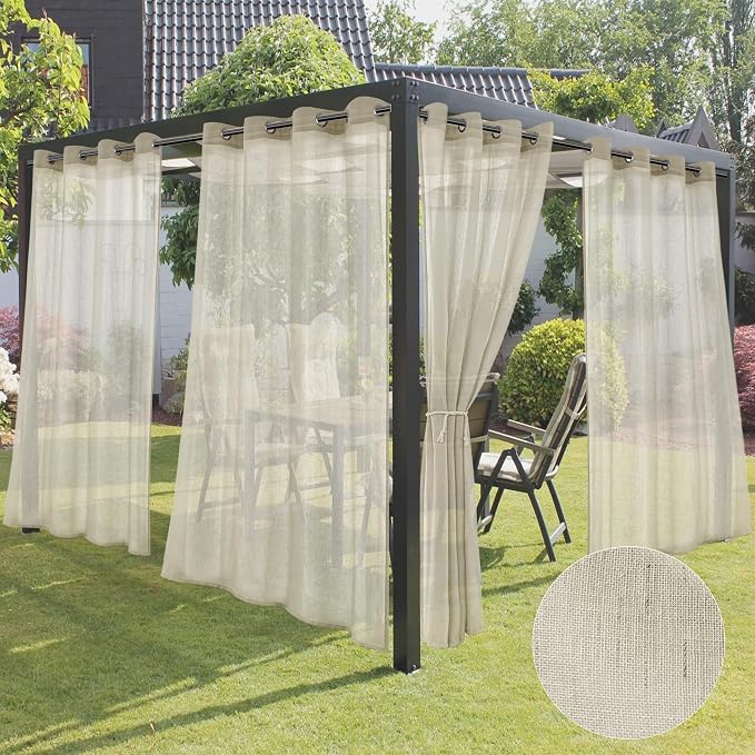 HolidayIdeas 4 Panels Outdoor Curtains for Patio-Natural Linen Semi Sheer Curtains for Patio Waterproof, Privacy Sun Light Indoor Outside Drapes for Gazebo, Pergola, Balcony, Pool, Backyard 54x95 Inch