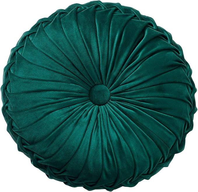 MOJUN Round Throw Pillow Round Velvet Pillow Pleated Round Filled Pillow Home Decorative Throw Pillow Cushion for Couch Chair Bed Car Floor (Dark Green, 14inch)