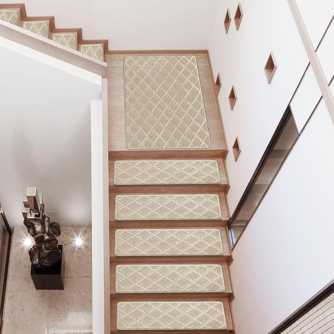 PURE ERA Carpet Stair Treads Tape Free Non Slip Indoor Stair Carpet Stair Protectors Pet-Friendly Non-Slip Skid Resistant Washable Reusable 8" x 30"(7 Pieces,Cream Gray Diamond Trellis)