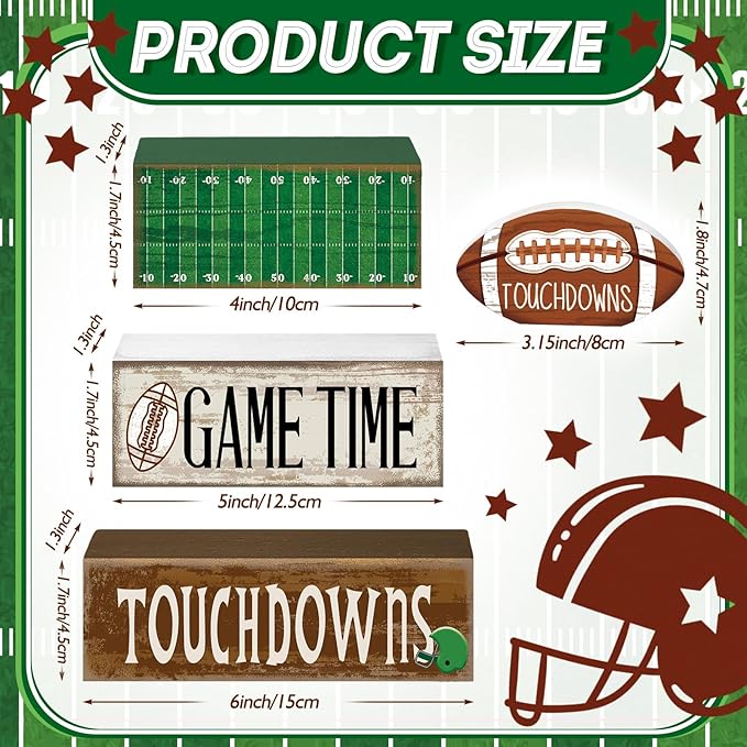 Yuntau 4 Pcs Football Table Decorations Spring Football Tiered Tray Decor Spring Wooden Sign Soccer Centerpiece Decorative Faux Book Stack Block for Coffee Table Fireplace Mantel Floating Shelf