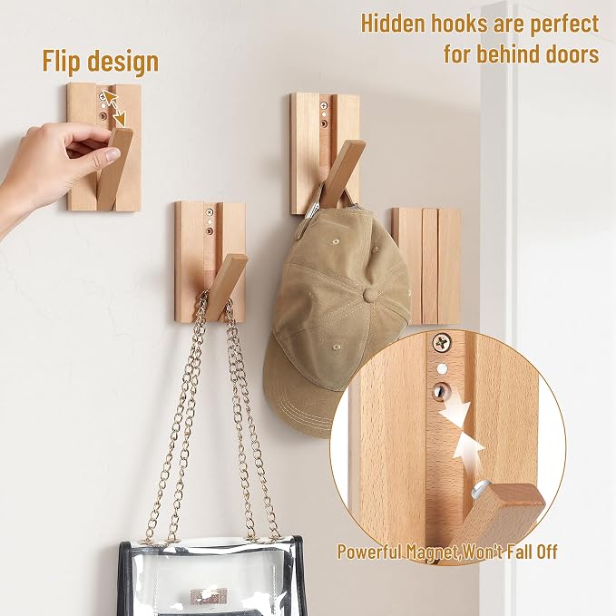 Wall Hooks for Small Space: Foldable Wooden Natural Coat Hooks 2Pack for Limited Spaces Side Walls Closet Corner - Modern Minimalist Decor Hanger for Hanging Towels Backpack Bags Coats