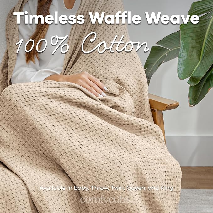 Comfy Cubs 100% Cotton Waffle Weave Throw Blanket Breathable Skin-Friendly Soft Lightweight Blankets - Perfect Warm Textured Blanket Layer - Size for Couch Bed & Sofa (Sand, 50" X 60")