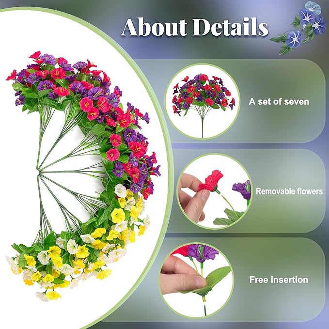 Ammyoo Artificial Fake Hanging Flowers with Basket, Faux Silk Morning Glory Flower Arrangement for Spring Summer Decor, Hanging Plant for Patio Garden Porch Outdoor Decor
