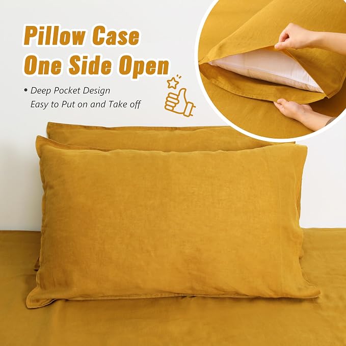 French Natural Linen Pillow Cases Set of 2 - Stone Washed Moisture-Absorbing Pillow Shams, King Size (20''x40''), Yellow
