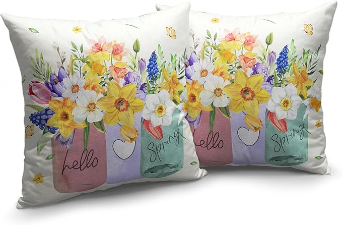 Spring Throw Pillow Covers 20x20 Set of 2 Daffodils Flower Pillow Covers Floral Vase Outdoor Pillowcase Watercolor Cotton Linen Cushion Case for Sofa Outdoor Patio