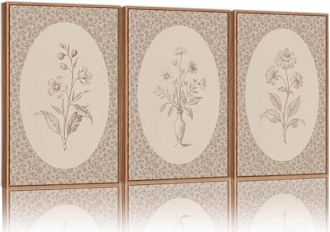 Rantodecor Vintage Flower Framed Canvas Wall Art Triptych, Rustic Floral Wall Decor, Retro Sketch Botanical Art Paintings, Antique French Cottage Artwork for Girls Bedroom Living Room Bathroom 24"x36"