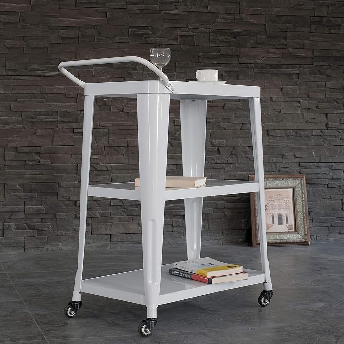 AC Pacific Harold 3-Tier Metal Rolling Cart with Swivel Rollers, Durable Utility Table on Wheels with Handle, All Metal Frame for Easy Mobility, Versatile Kitchen Stand for Bar or Serving Use, White