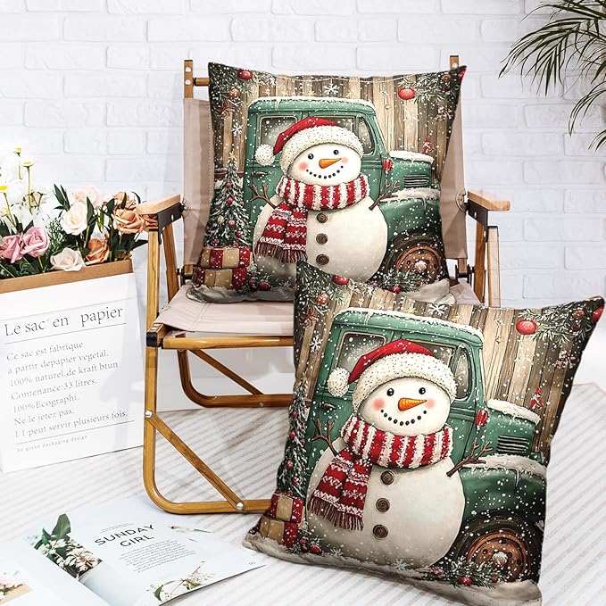 Christmas Snowman Pillow Covers 24x24 Set of 2 Green Xmas Truck Throw Pillow Covers Wooden Pattern Background Pillowcase Winter Holiday Cushion Case for Living Room Sofa Couch