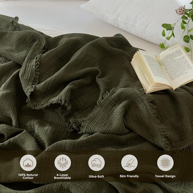 MooMee Muslin Blanket - 100% Cotton 4-Layer Gauze Throw Blanket with All-Around Fringe, Soft Breathable Lightweight Cooling Summer Blankets for Bed Couch (Olive Green,Oversize Queen 98" x 98")
