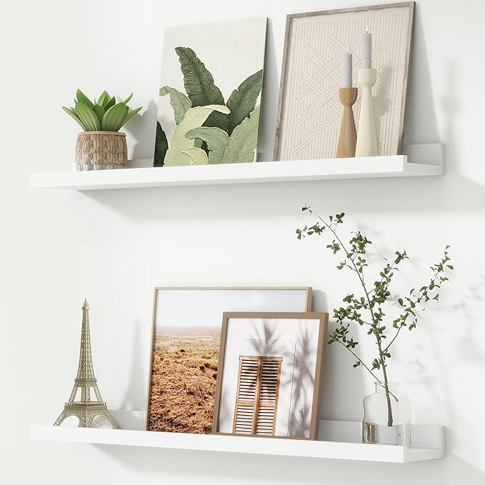 FLYJOE Picture Ledge Shelf, Floating Shelves Set of 2, 32 Inches Nursery Book Shelves for Toys Storage, Kids Bookshelf Wall Mounted for Living Room Bedroom Decor Books Photo Frames, White