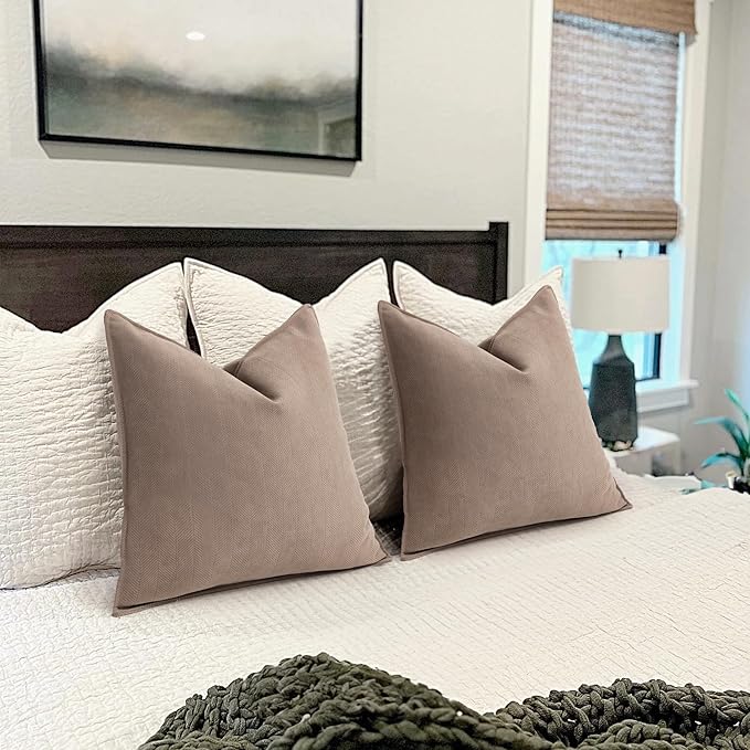 ZWJD Khaki Pillow Covers 18x18 Set of 2 Chenille Throw Pillow Covers with Elegant Design Soft and Luxurious Decorative Throw Pillows for Couch, Bed, and Home Decor