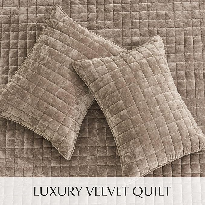 RECYCO Luxury Velvet Quilt Twin/Twin XL Size Bedding Set, Ultra Soft Velvet Comforter Set, Lightweight Quilted Channel Box Stitch Oversized Bedspread Coverlet for All Season, with 1 Sham, Natural Tan