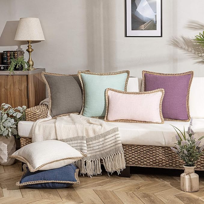 Phantoscope Pack of 2 Farmhouse Decorative Solid Throw Decorative Pillow Cover Burlap Linen Trimmed Tailored Edges Purple 22 x 22 inches, 55 x 55 cm