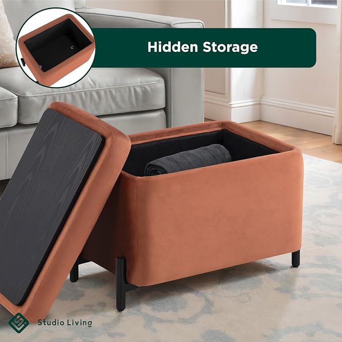 Studio Living® Connor 24" Small Storage Ottoman, Modern Boho, Matte Black Metal Legs, Velvet Fabric, Rust
