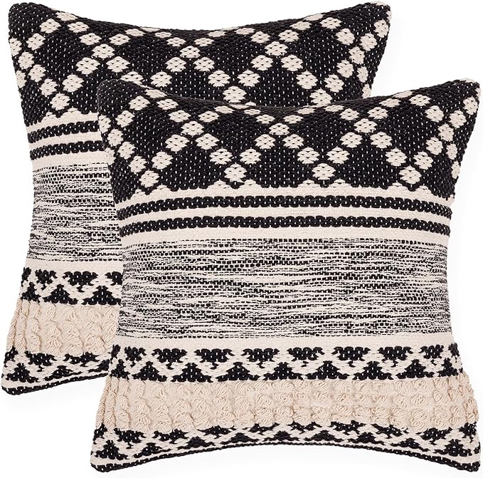 REDEARTH · Handmade Boho Throw Pillow Covers - Bohemian Chic Farmhouse Style - Accent Woven Indoor and Outdoor Pillow Cushion Cases for Couch - Bed - Sofa – Set of 2-18"x18" - Mosaic Trellis Black