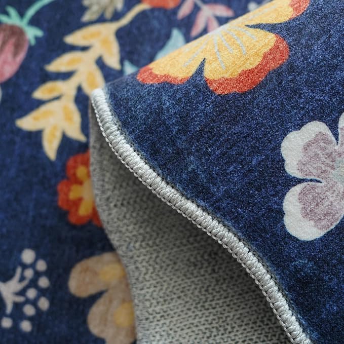 2x6 Hallway Floral Rug Runner: Washable Non Slip Low Pile Area Rug for Kitchen Front Door Soft Water Resistant Carpet for Bathroom Light Weight Durable Floor Mat for Bedroom Nursery(2x6/Blue/Purple)