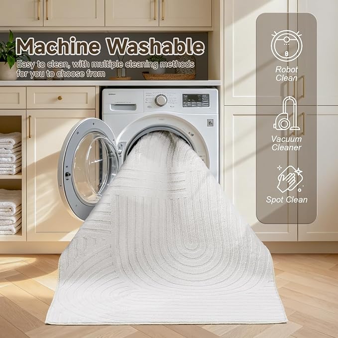 Pauwer 8x10 Washable Area Rugs for Living Room Modern White Solid Color Soft Fluffy Rugs for Bedroom Non Slip Boho Accent Indoor Mat Floor Carpet Cover for Kids Room Dining Room Kitchen Office