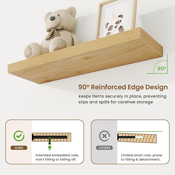 30in Floating Shelves for Wall, 30"W x 9.25"D x 1.25"H, 2 Pack Long Wall Mounted Engineered Wood Shelves with Invisible Brackets for Living Room, Bedroom, Bathroom, Kitchen Decor and Storage, Oak