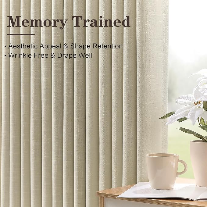 Linen Pinch Pleated Curtains 84 Inches Long for Living Room, Neutral Light Filtering Pleat Drapes Textured Thick Memory Trained Semi-Sheer Window Curtain with Hooks for Bedroom Farmhouse, 2 Panels