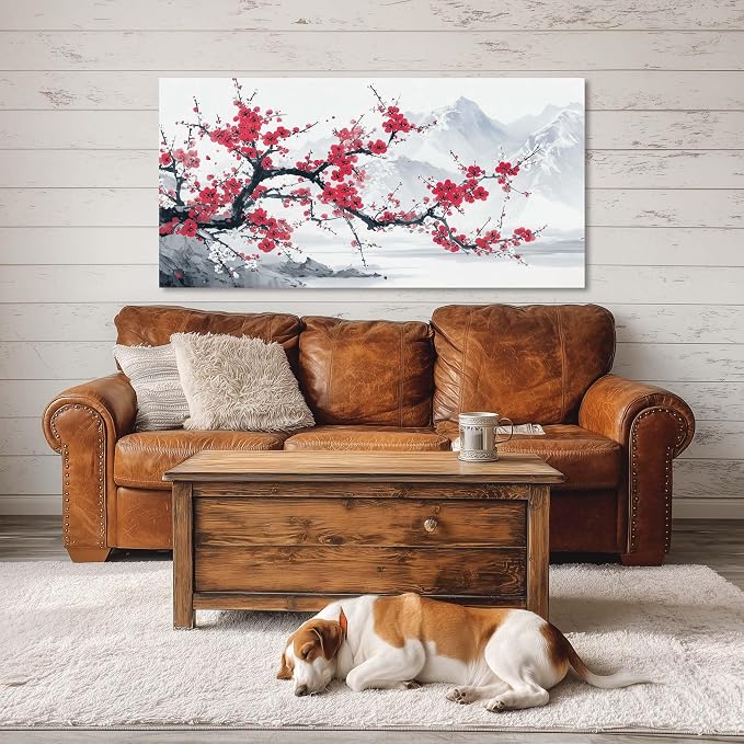 Ggaafet Red Plum Blossom Tree Wall Art for Bedroom Canvas Oil Painting Prints Beautiful Blooming Flower Floral Mountain Landscape Art Deco Nature Artwork Office Family Dining Room Decor