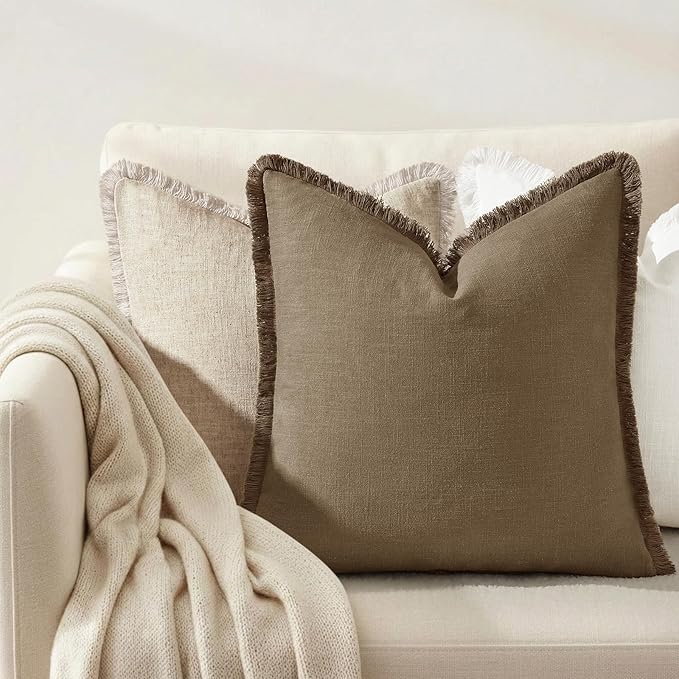 decorUhome Summer Decorative Neutral Linen Fringe Euro Sham Throw Pillow Covers Set of 2 Light Brown Pillow Covers with Tassels Soft Farmhouse Boho Accent Pillow Cases for Couch Bed Sofa 24x24 Inch