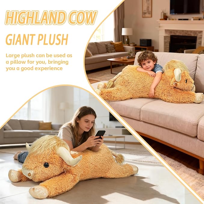 WDXDSOB 38.5 Inch Yellow Giant Highland Cow Plush Stuffed Animal - Large Cow Pillow Gift for Kids and Adults, Couch & Bed Decor