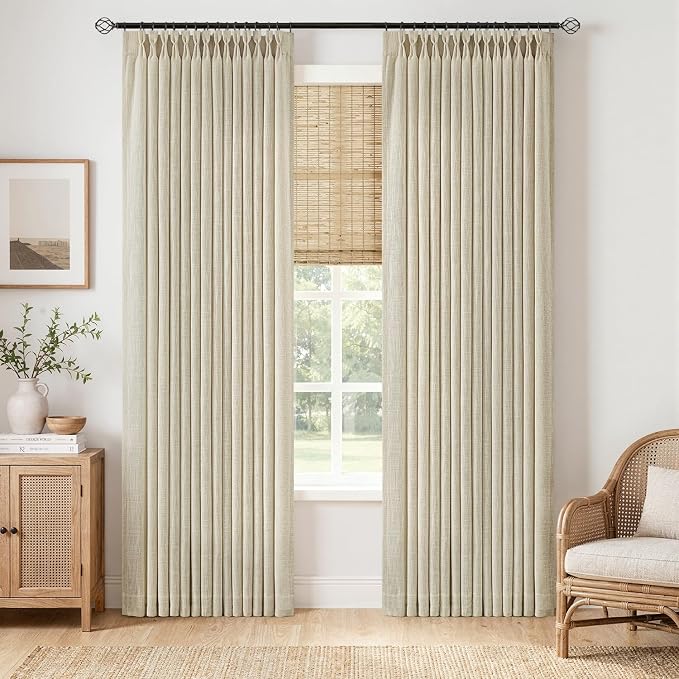 MIULEE Pinch Pleated Thick Linen Curtains 90 Inches Long 2 Panels for Living Room Bedroom, Linen Textured Memory Trained Pleat Drapes Back Tab Light Filtering Beige Window Curtains with Hooks
