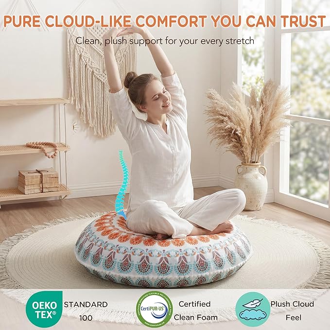 Codi Meditation Floor Pillow, Round Large Pillows Seating for Adults, Bohemian Mandala Circle Cushion for Outdoor Fireplace Yoga Living Room, 32 Inch, Memory Foam Added, Coral