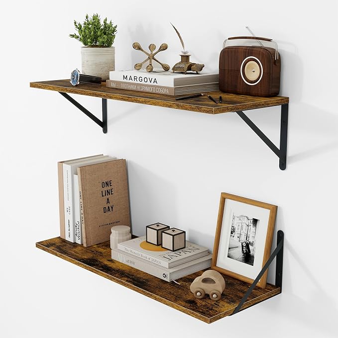 Vivelove Deep Floating Shelves for Wall, 24W x 8D Wood Wall Shelves Set of 2, Wide Floating Bookshelf for Living Room, Kitchen, Office, Bedroom and Decor Storage, with Metal Bracket - Rustic Brown