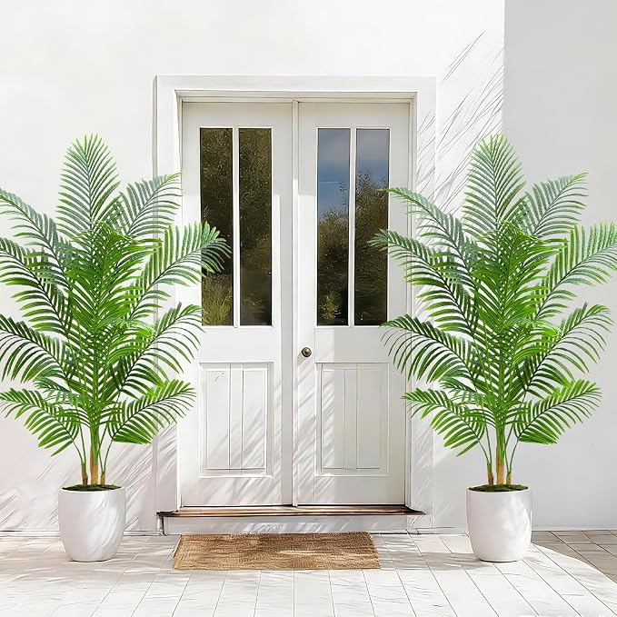 Artificial Palm Tree Plant 6FT Tall Fake Tropical Palm Tree in Pot, Real Bark Design Faux Areca Palm Tree for Home Office Living Room Bedroom Farmhouse Modern Indoor Outdoor Topiary Tree (18 Trunks)