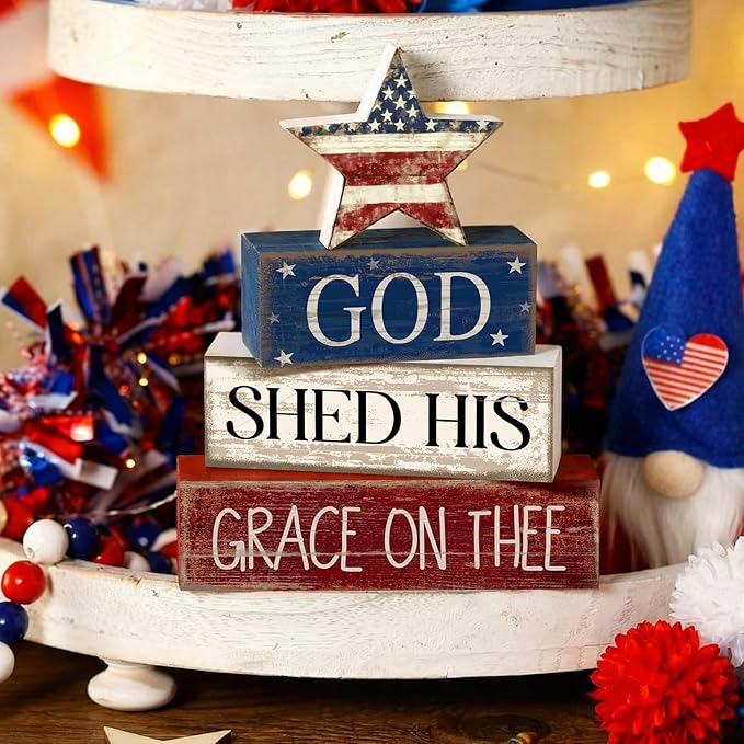CroBlissful 4 Pcs 4th of July Decorations Patriotic Memorial Day Tabletop Decoration Red White Blue Table Centerpieces Sign for Office Tiered Tray Home Shelf 250th Anniversary(God Star)