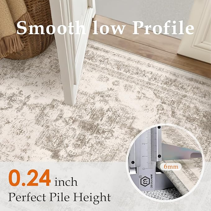 PureCozy Area Rug 6x9 Beige Washable Living Room Carpet Non Slip Vintage Medallion Indoor Bedroom Carpet Low Pile Soft Retro Distressed Large Rug Home Office Dining Room Playroom