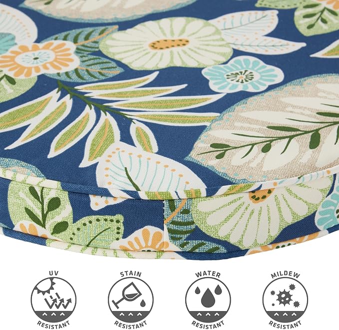 Set of 2 Outdoor 18 inch Round Patio Dining Chair Pads – Comfortable Fiber-Filled Seat Cushions with Ties, Reversible Polyester Fabric, Marlow Blue Floral