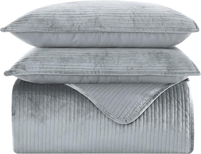 Elegant Comfort Luxury 3-Piece Velvet Corduroy Stripe Quilt Set, Ultra Soft Bedspread - Cozy Velvet Coverlet Set - 3PC Medium Weight Quilted Set with Matching Pillow Shams, King, Gray
