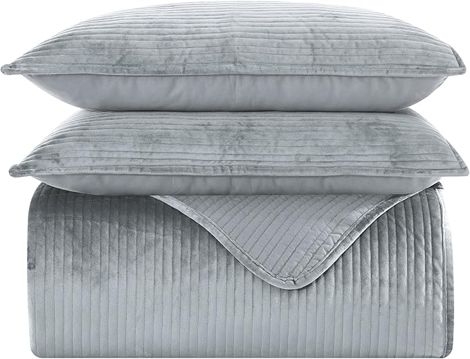 Elegant Comfort Luxury 3-Piece Velvet Corduroy Stripe Quilt Set, Ultra Soft Bedspread - Cozy Velvet Coverlet Set - 3PC Medium Weight Quilted Set with Matching Pillow Shams, Twin, Gray