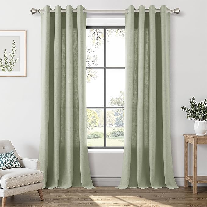 Sage Green Linen Curtains 90 Inch Length for Living Room 2 Panels Set Soft Thick Textured Grommet Design Semi Sheer Light Filtering Window Curtain Drapes Burlap Look Rustic Farmhouse Home Decor 52x90