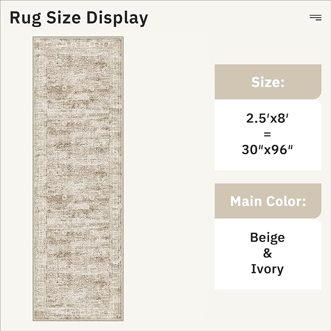 Soalmost Washable Runner Rug, 2'6" x 8' Non-Slip Kitchen Vintage Foldable Hallway Runners for Entryway, Laundry, Bedroom, Brown