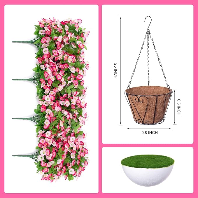 INXUGAO Artificial Flowers with Hanging Basket, Outdoor Faux Plants Silk Morning Glory Vines, Fake Green Arrangement for Garden Patio Spring Summer Decor (4pcs, Pink)