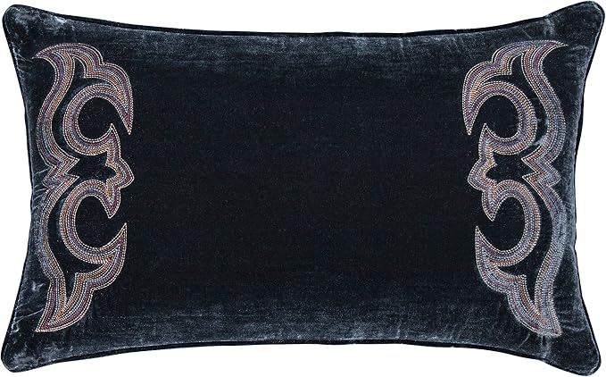 HiEnd Accents Stella Faux Silk Velvet Boot Stitch Lumbar Pillow, 14x24 inch, Midnight Blue, Romantic Western Modern Traditional Style Luxury Bedding, Decorative Throw Pillow