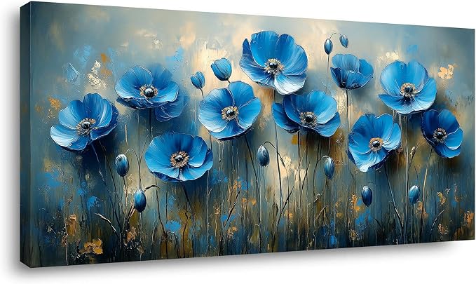Ggaafet Navy Blue Flowers Wall Art for Living Room Canvas Oil Painting Prints Beautiful Floral Blooming Art Deco Pretty Artwork Office Bedroom Family Dining Room Decor Extra Large