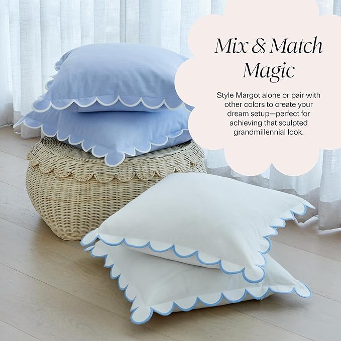BEBE BASK Scalloped Pillow Cover - Set of 2-18 x 18 Inch - Scallop Pillow Cover – White and Blue Scalloped Pillows - Scallop Pillows - 100% Cotton - Grandmillennial Style (White/Blue)